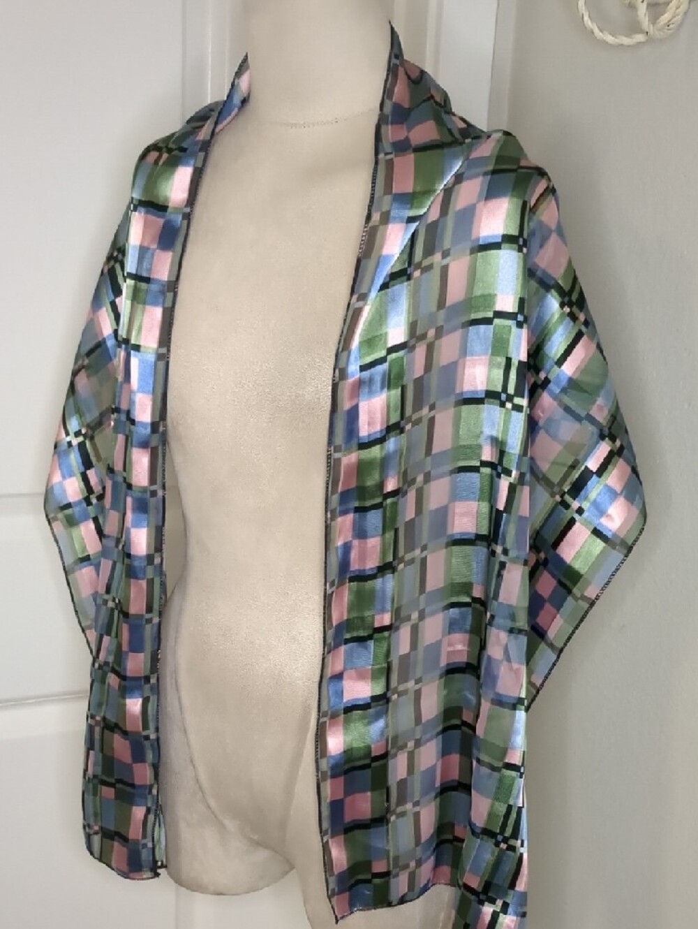 Vintage Pastel Geometric Organza Scarf In Pink, Green, & Blue 60" - Picture 8 of 9